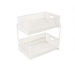 Mind Reader 2-Tier Metal Mesh Organizer with Slide-Out Basket Drawer, White, CABASK2T-WHT