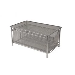 Mind Reader 2-Compartment Metal Mesh Storage Basket & Organizer w/ Pull-Out/Sliding Drawer, Silver, CABASKDR-SIL
